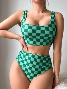 Summer Beach Women's Checkered Print Bikini Set, Vacation Bikini Set - Green - View 1