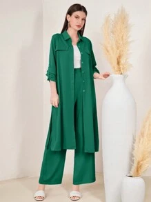 Seusyu 女式卷边纯色夹克和裤子两件套，长款简约套装 - 墨綠色 - 查看 1