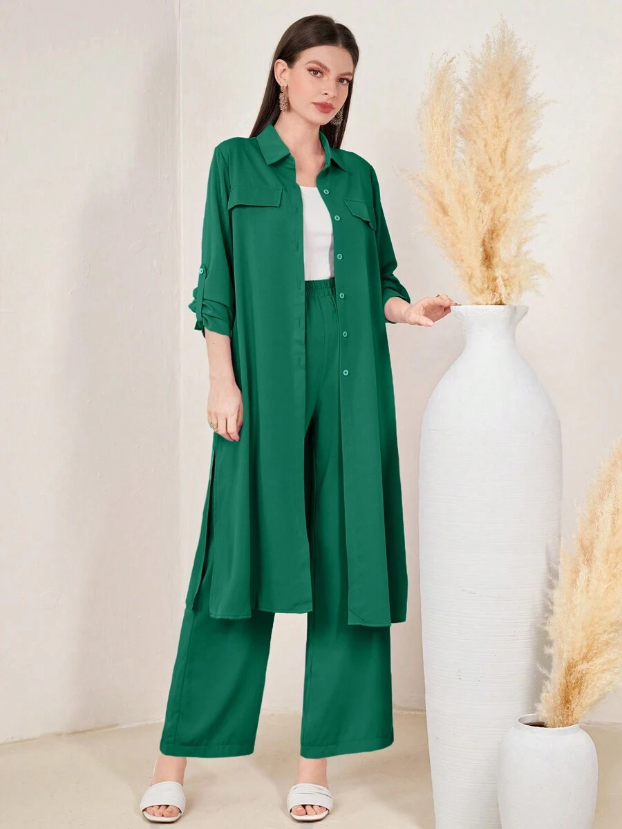 Seusyu 女式卷边纯色夹克和裤子两件套，长款简约套装 - 墨綠色 - 查看 1