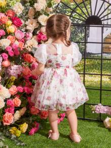 Baby Girl Elegant Floral Mesh Bubble Sleeve Princess Style Dress
