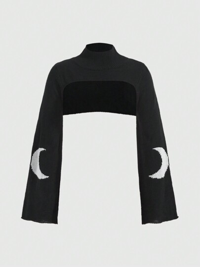 Goth Moon Pattern Bell Sleeve Super Crop Sweater