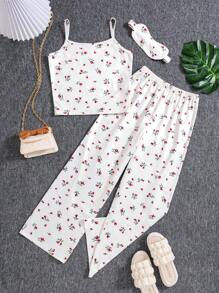 SHEIN Leap Crew Tween Girls' Casual Knit Floral Print Cami Pajama Set - Black - View 4