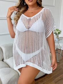 SHEIN Swim Curve Summer Plus Size Solid Color Hollow Out Knit Cover Up