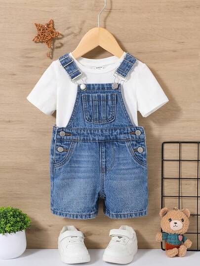 Mono De Mezclilla Para Niño Con Bolsillo Parche Y Aspecto Casual, Apto Para Ropa De Primavera / Verano, Enterizo De Mezclilla Para Bebé