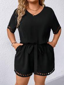 SHEIN LUNE Plus Size Round Neck Solid Color Hollow Out Cinching Waist Jumpsuit - Black - View 5