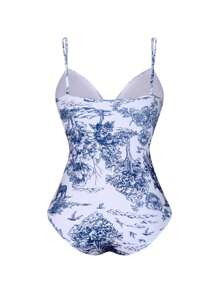 Swim Oasis Kích thước lớn Của phụ nữ In thực vật Áo tắm một mảnh Với Dây đai mỏng , 2 cái/bộ - Xanh và trắng - Xem 4