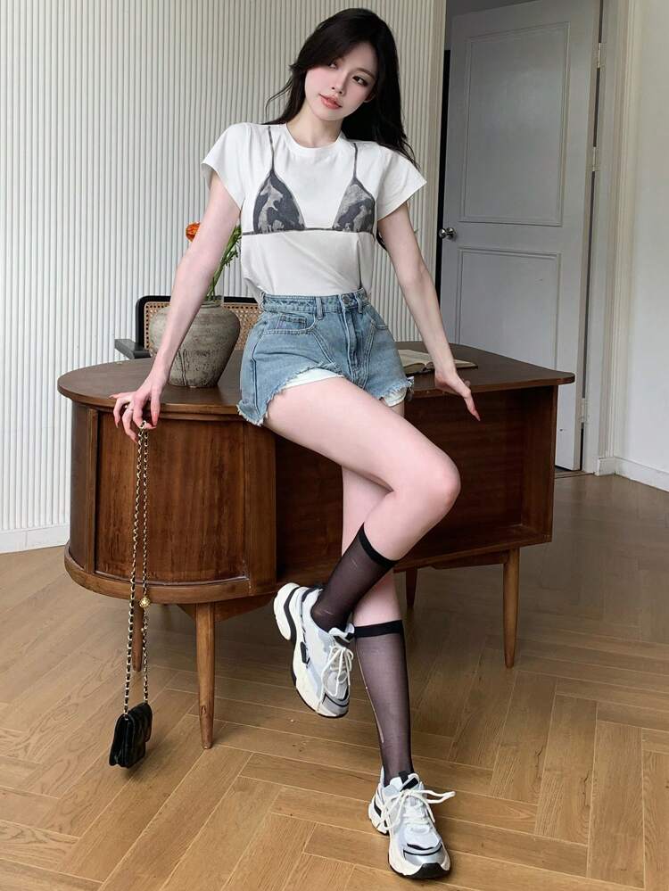 Printed Round Neck Short Sleeve T-Shirt (For Adults) Graphic Tee