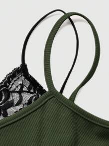 ROMWE Fairycore Mushroom Print Contrast Lace Cami Top - Army Green - View 3