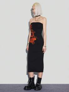 SHEIN Coolane Chinese Dragon Printed Strapless Dress - Red - View 5