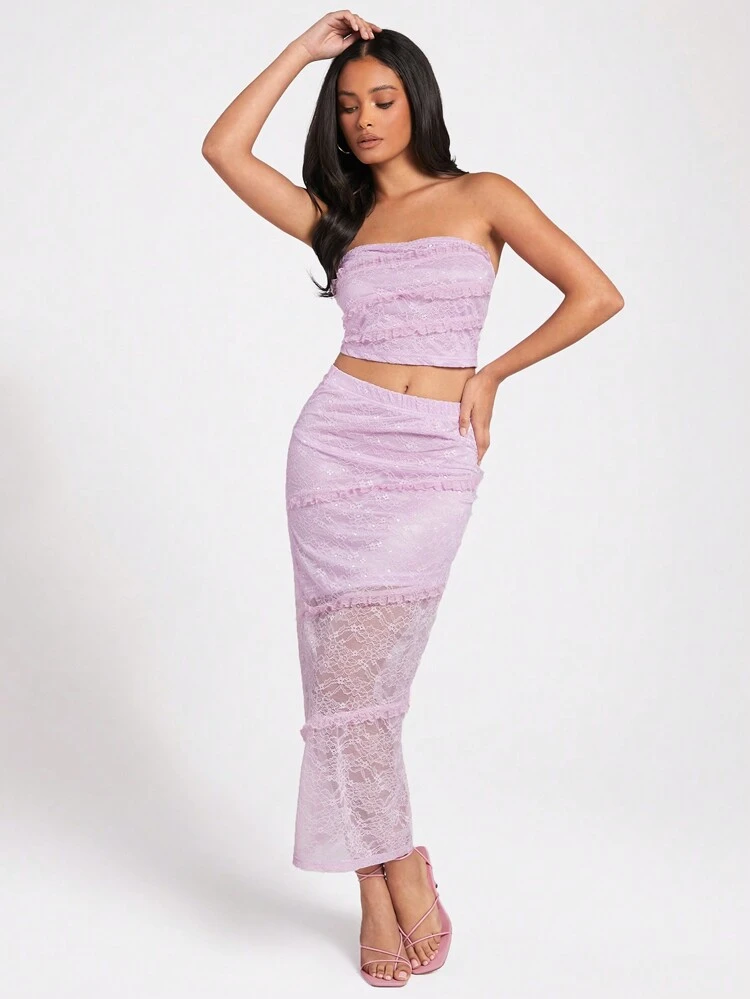 Solid Color Lace Strapless Top And A-Line Skirt