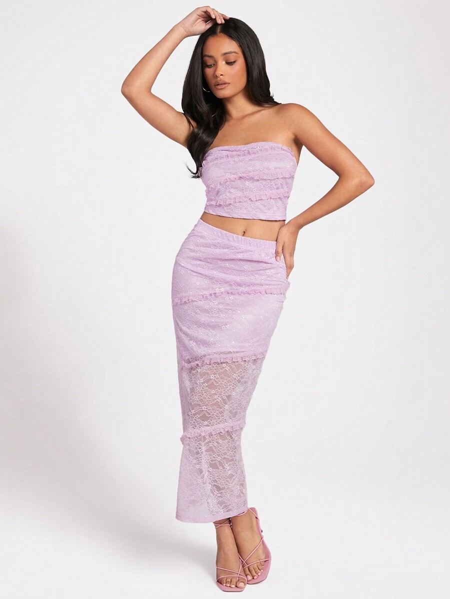 Forever 21 Màu thuần Ren Áo không dây Và Váy chữ A - Hồng - Xem 1