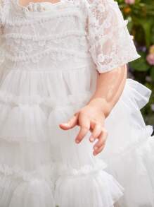SHEIN Babymädchens niedliches Spitzen- & Netz-Kontrast Rüschen-Saum Kurzarm Kleid - Weiss - Übersicht 6