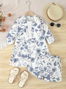 SHEIN 年輕女孩夏季植物印花上衣和短褲套裝 - 白色 - 查看 7