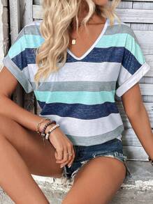 SHEIN LUNE Color Block Striped Batwing Sleeve Casual T-Shirt Graphic Tees Women Tops