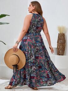 SHEIN VCAY 大尺碼女式假日抽象印花露肩連身裙 - 彩色 - 查看 2