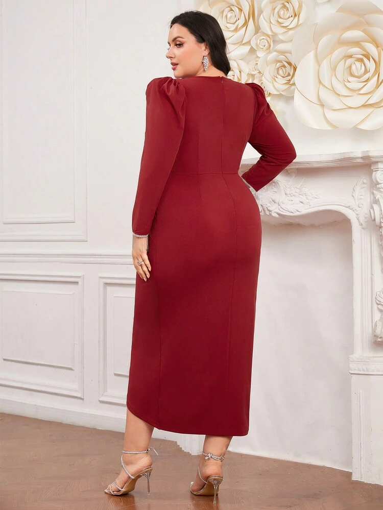 Burgundy Red Plus Size Women's Puff Long Sleeve Dress With Rhinestones
