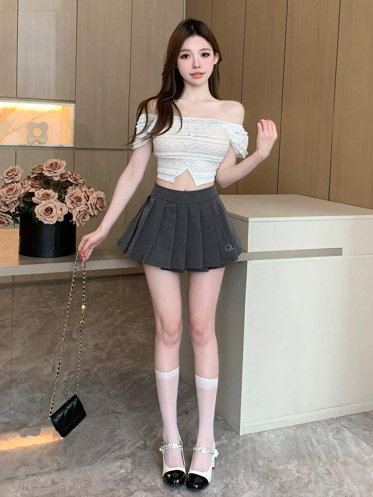 Ladies' Solid Color Lace Off Shoulder Cropped T-Shirt
