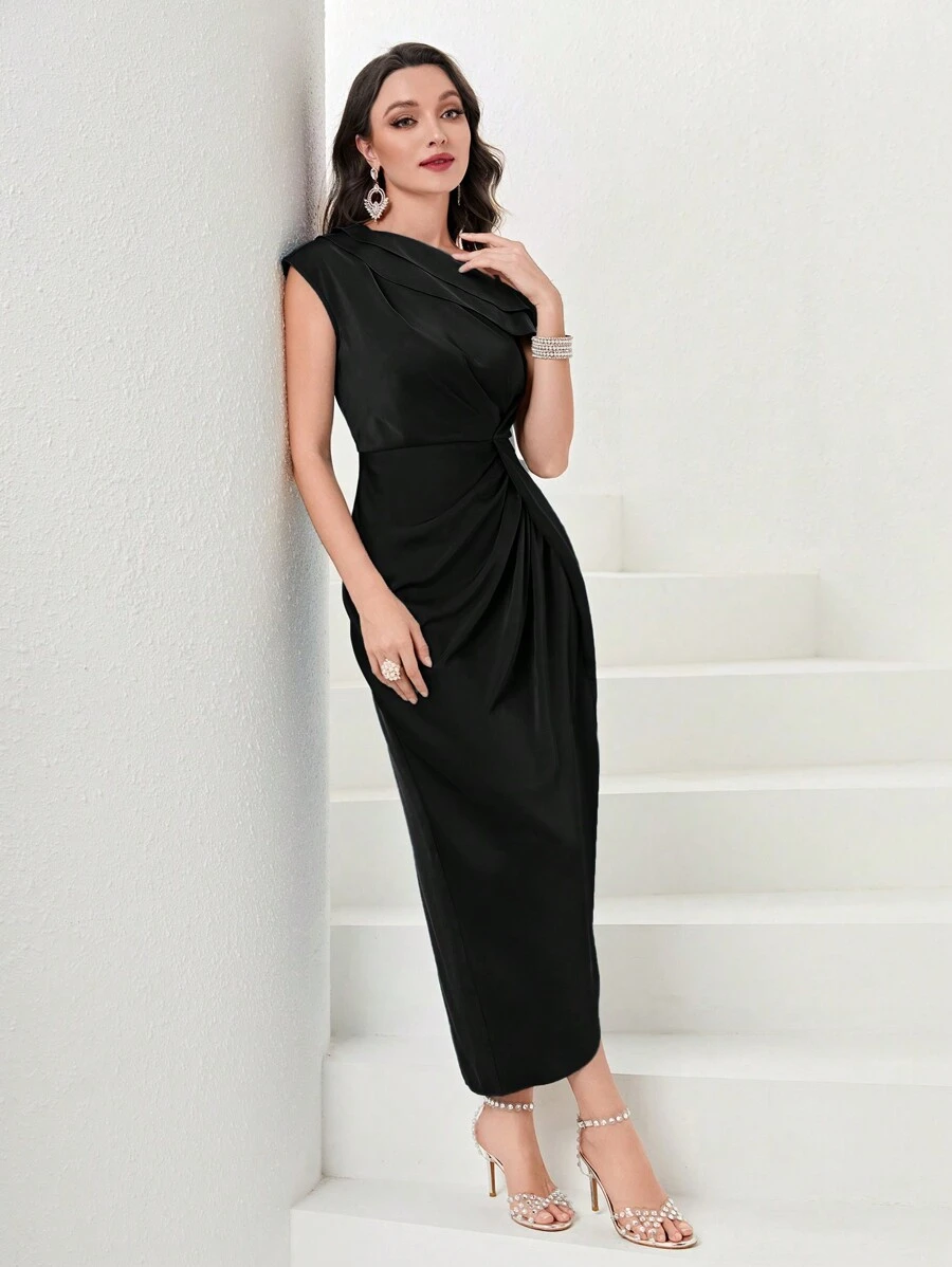 Modelyn Ladies' Solid Color One Shoulder Sleeveless Pleated Dress - Black - View 1