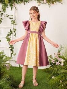 SHEIN Vestido de jacquard tejido para niña adolescente con bordado de parches de diferentes colores y volantes en el dobladillo, con cintura elástica - Rosa vieja - Ver 4