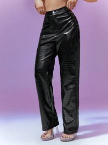 SHEIN Unity Side Crossed Straps Crocodile Pattern Cutout Embossed Pants - Black - View 6