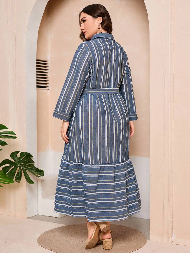Plus Size Striped Colorblock Lace Splicing Dress