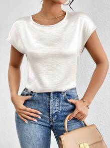 Firerie 纯色缎面蝙蝠袖衬衫，短袖上衣 - 白色 - 查看 5