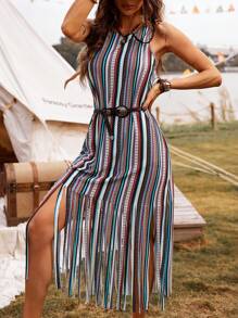 SHEIN BohoFeels Women's Bohemian Style Fringed Decorated Dress (Random Print)