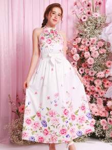 SHEIN Conjunto de 2 piezas para adolescentes con blusa de cuello halter con estampado floral tejido y falda maxi - Rosa - Ver 1