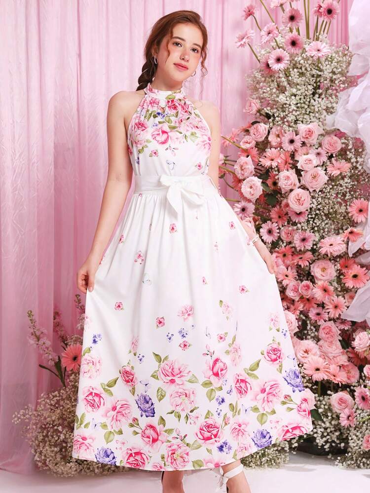 Teen Girl Woven Floral Print Halter Neck Blouse And Maxi Skirt Two Pieces Set