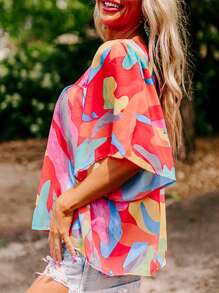 Blusa holgada de cuello redondo con estampado abstracto para mujer - Multicolor - Ver 4