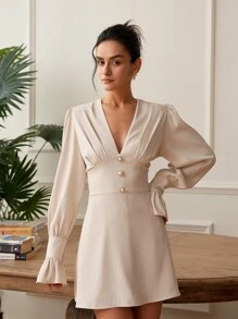 Women's V-Neck Bell Sleeve Button Decor Dress - Apricot - View 1