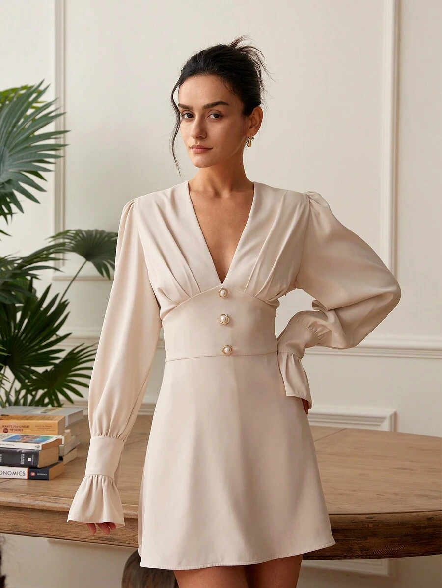Women's V-Neck Bell Sleeve Button Decor Dress - Apricot - View 1