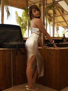 Chiquease Women's Metallic Cami Top & Ruched Slit Skirt Two Pieces - Silver - View 2