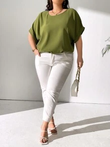 SHEIN CURVE+ Blusa Básica De Manga Enrollada De Talla Grande - Verde - Ver 4