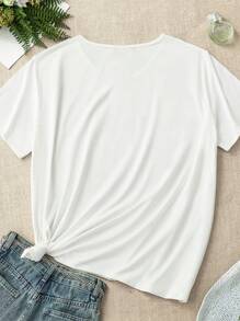 Solid Color Simple V-Neck Plus Size Women's Short Sleeve T-Shirt - White - View 2