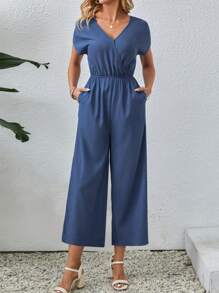 EMERY ROSE 實色交叉v領斜口袋連體褲 - 藍色 - 查看 1