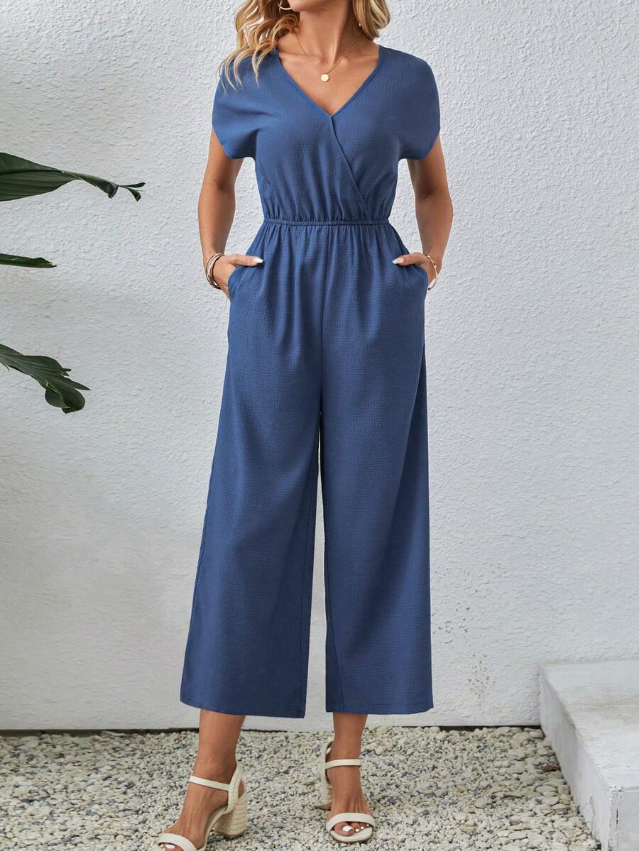 EMERY ROSE 實色交叉v領斜口袋連體褲 - 藍色 - 查看 1