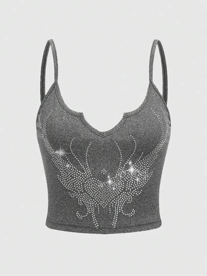 Fairycore Top de tirantes con corazón con diamante de imitación