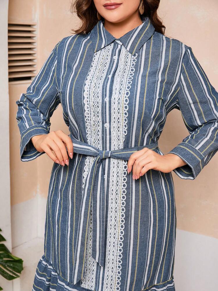Plus Size Striped Colorblock Lace Splicing Dress