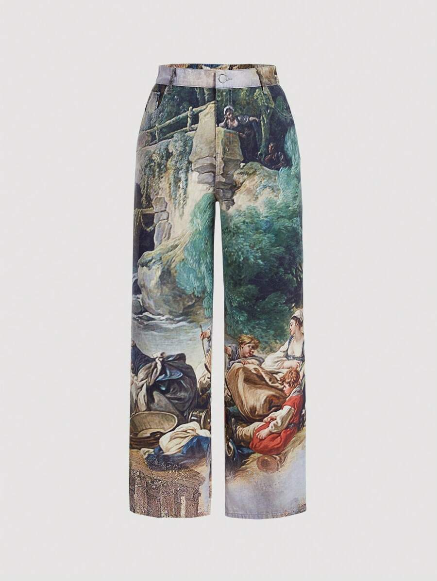 SHEIN MOD Kích thước lớn Của phụ nữ Retro Nhuộm Tranh sơn dầu Lỏng lẻo Quần legging thẳng - Nhiều màu - Xem 1