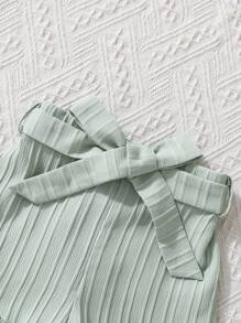 SHEIN Vintaside Kids Young Girl Textured Fabric Fashionable Short Sleeve Top With Ruffle Trim & Waist Belt Shorts Set Suitable For Summer