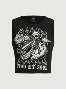 Kecoatembem Grunge Punk Slogan Skull Graphic Tank Top FIND MY SOUL - Black - View 1