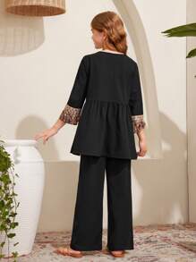 SHEIN 少女寬鬆可愛幾何印花閃亮流蘇飾邊上衣和直筒長褲