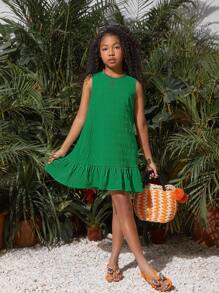 SHEIN SLAYR KIDS Tween Girls' Holiday & Leisure Spaghetti Strap Dress With Ruffle Trim And Solid Color, Spring & Summer - Green - View 6
