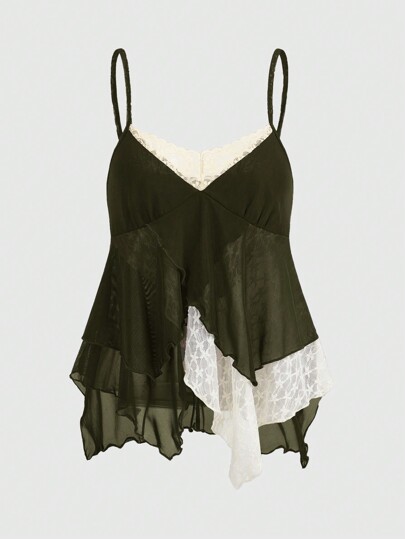 Fairycore Mermaid Contrast Lace Asymmetrical Hem Cami Top