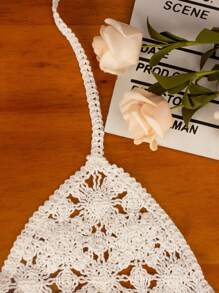 SHEIN Swim 女士纯色镂空露背系带腰带罩衫夏季 - 白色 - 查看 4