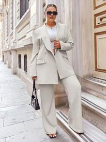 EURMUSE Plus Shawl Collar Double Breasted Blazer & Pants - Apricot - View 1