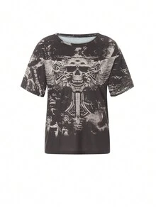 Skull Print Short Sleeve T-Shirt - Dark Grey - View 3