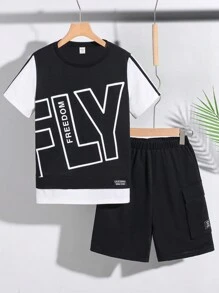 SHEIN Tween Boy 宽松休闲二合一字母印花短袖 T 恤和短裤套装 - 黑色 - 查看 1