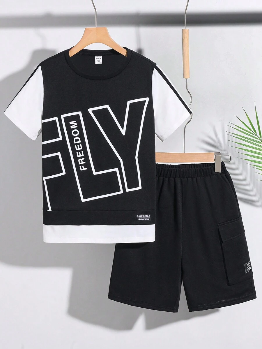 SHEIN Tween Boy 宽松休闲二合一字母印花短袖 T 恤和短裤套装 - 黑色 - 查看 1